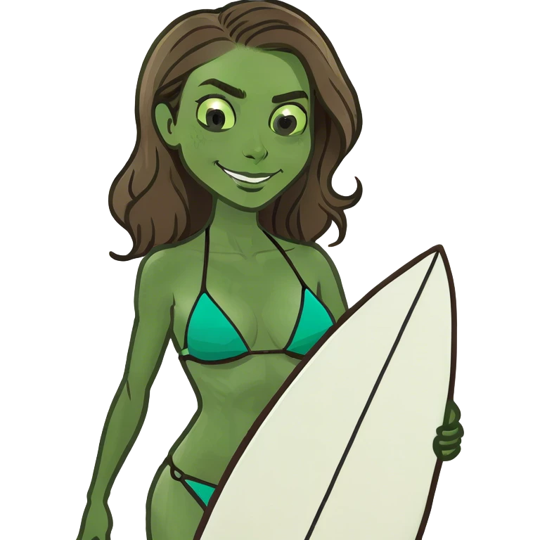 Woman with brown hair surfing wave in 3d bikini emoji