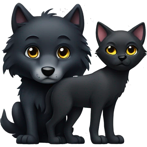 black wolf with a black cat, both silver eyes, cudding emoji