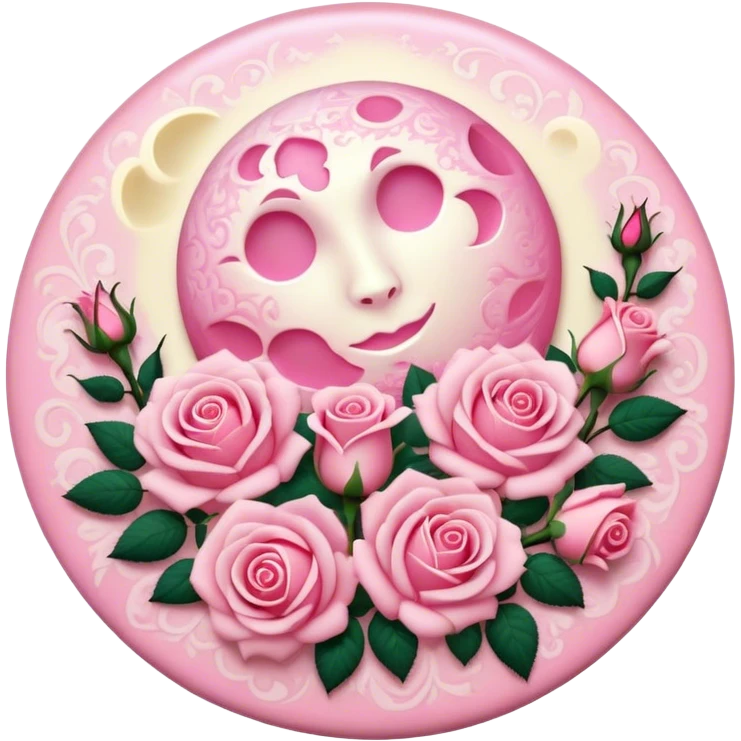 A round pink button with a light cream full damask moon and pink roses in the center emoji