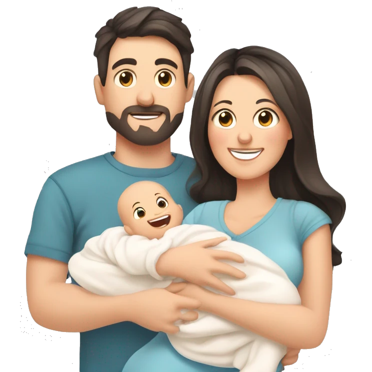 Happy white parents with dark hair with 1 newborn baby. 3 people total. Young parents and newborn son in hands. Mother, father holding infant together with love. Parenthood concept. Flat illustration isolated on white background. emoji