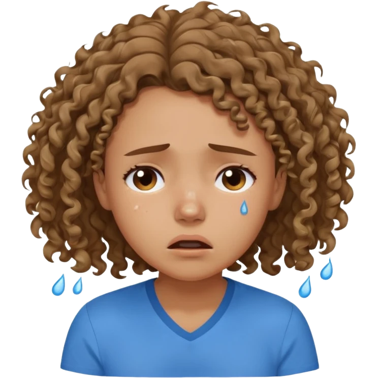 white young curly hair girl, brown hair, with a blue shirt, in despair crying emoji