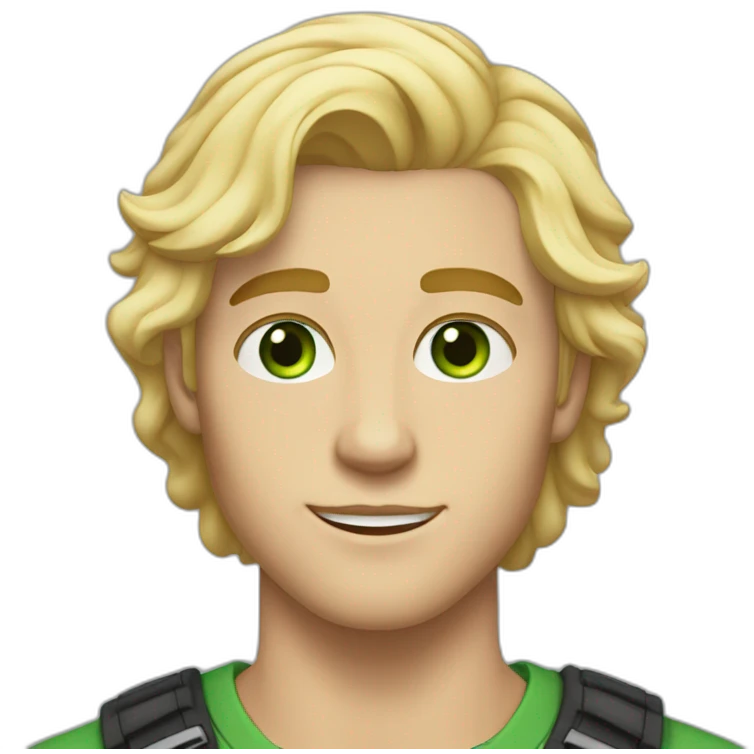 blonde twenty year old guy with side part brow-length wavy hair and green eyes emoji