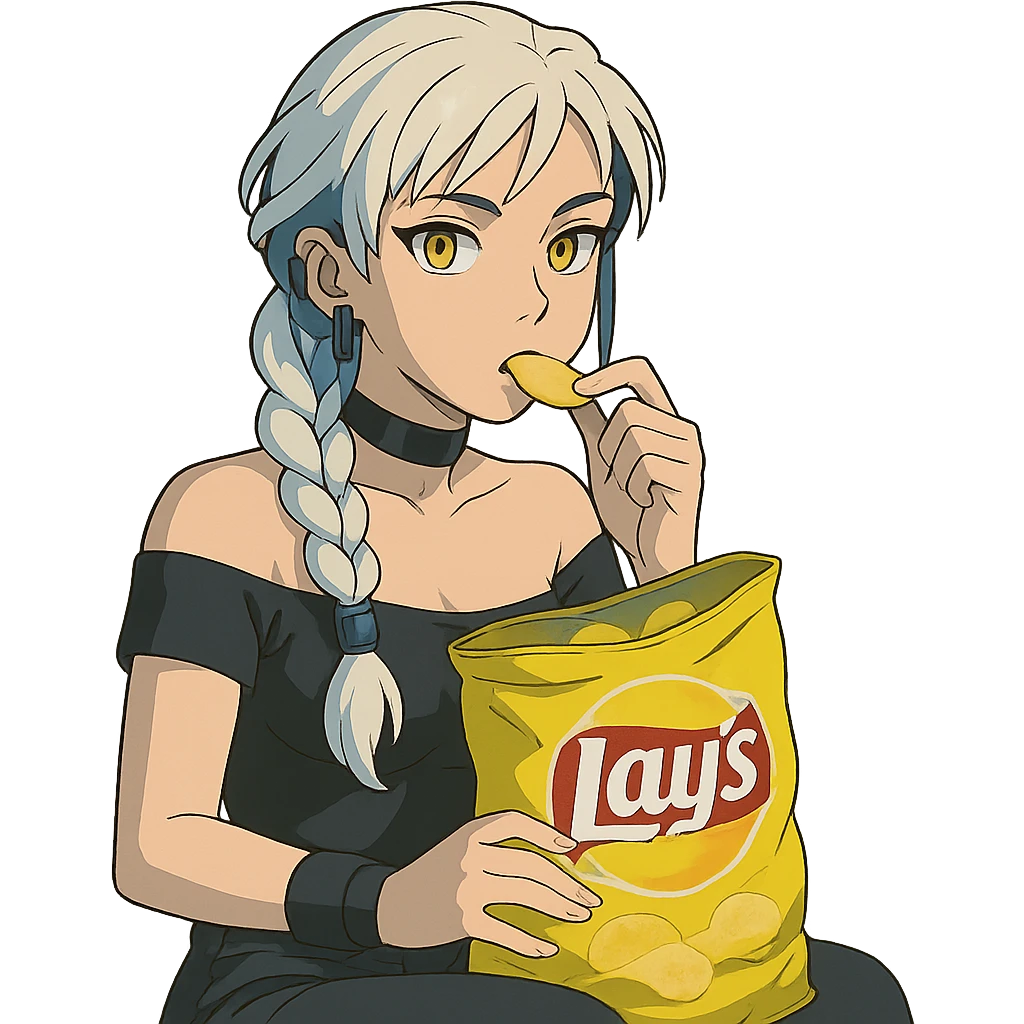  she is snacking out of a huge bag of lays-chips, a closeup portrait of young woman with gold yellow eyes, white hair, long braid, black off-shoulder top d-cup, punk gothic style, futuristic cyberwave cyberpunk, sitting position
 emoji