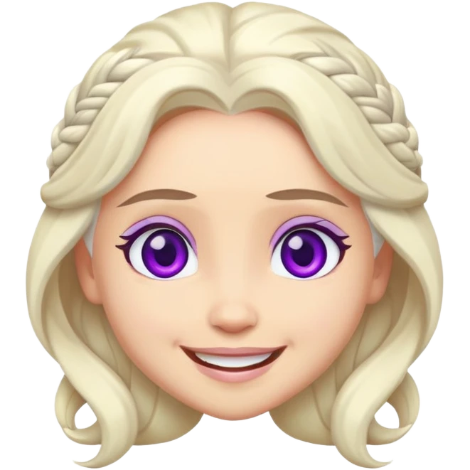 Cartoon version of Daenerys Targaryen emoji, big round purple eyes, smiling face, pastel colors, playful design,  emoji