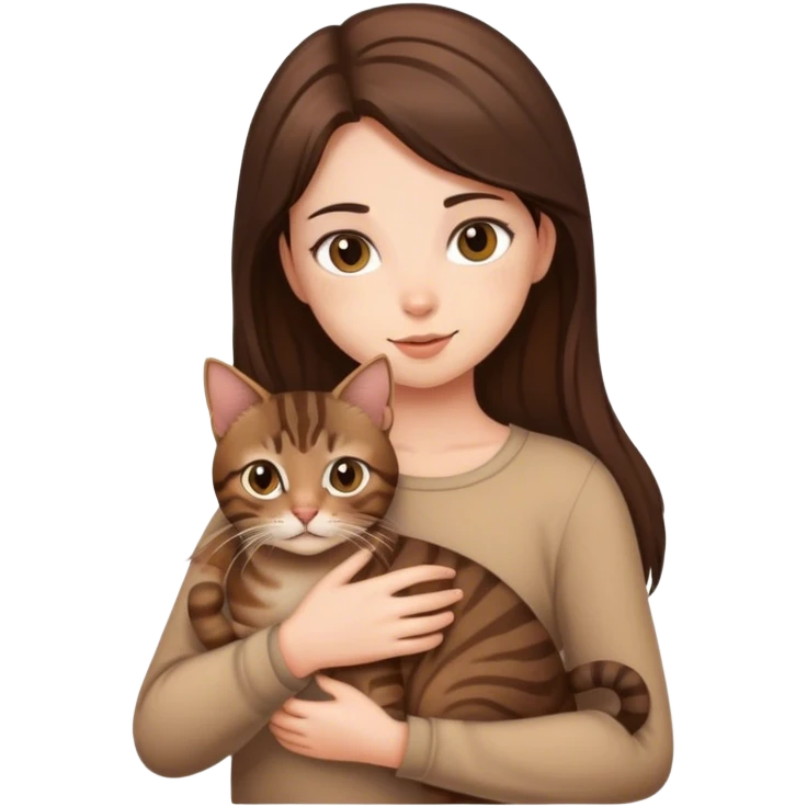 brunette girl holding brown tabby cat  emoji