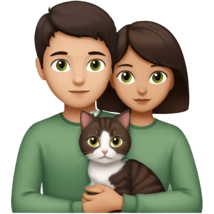 Crea un emoji donde salga un chico de pelo moreno con los ojos claros, una chica de pelo morena con los ojos marrones y UN gato europeo comun de pelaje marron oscuro y ojos verde claro, quiero que se esten abrazando el chico y la chica, y el gato este en el medio de los dos emoji