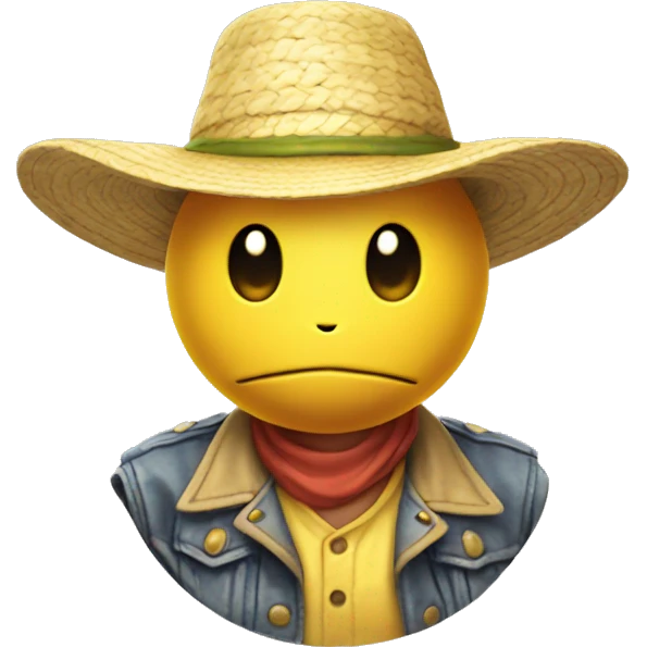 yellow sphere head of pokemon character wearing strawhat emoji