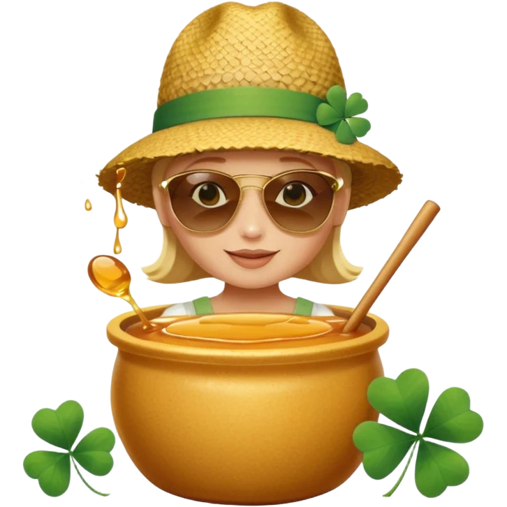 A hunny playing or eating out of a big pot of honey (like the one Winnie the Pooh played with) and have a Irish four leaf clover ground cover and a beach back drop  emoji