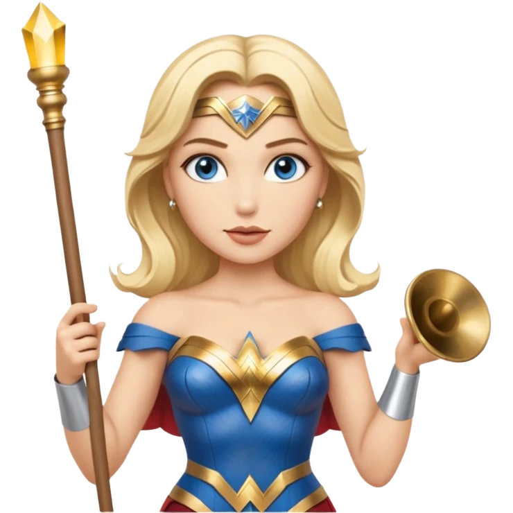 Blonde blue eyed Wonder Woman holding white orchestra conductor’s baton and bell emoji
