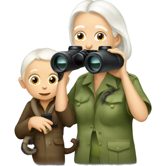 Jane Goodall with binoculars and a baby chimpanzee emoji