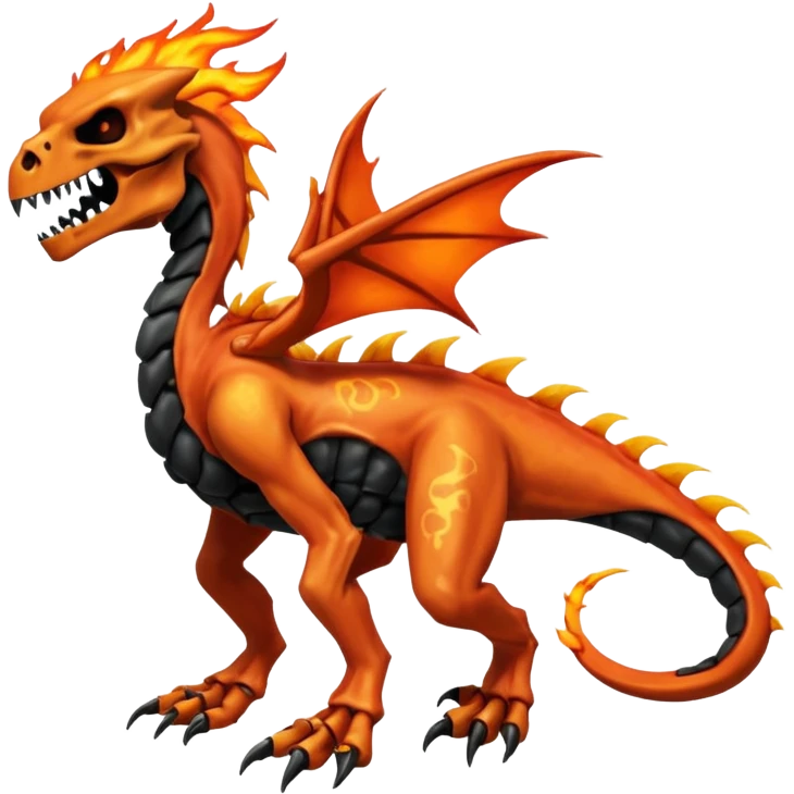 Oily smooth glossy evil sharp edgy badass skeletal fiery skull-faced Charmeleon-Zeraora-Salandit-fusion, full body emoji