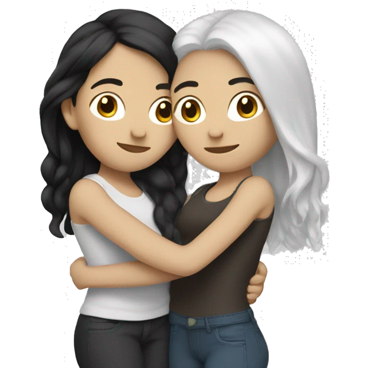 A lesbian couple with white skin and long black hair hugging intimately emoji