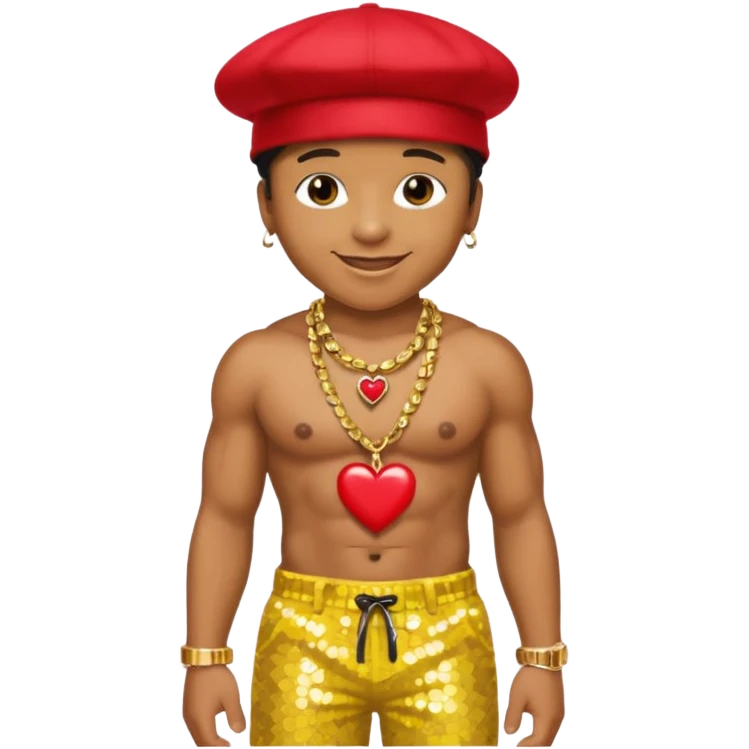 LL Cool J with yellow sequin baggy pants, shirtless with necklace with red heart, black hat emoji