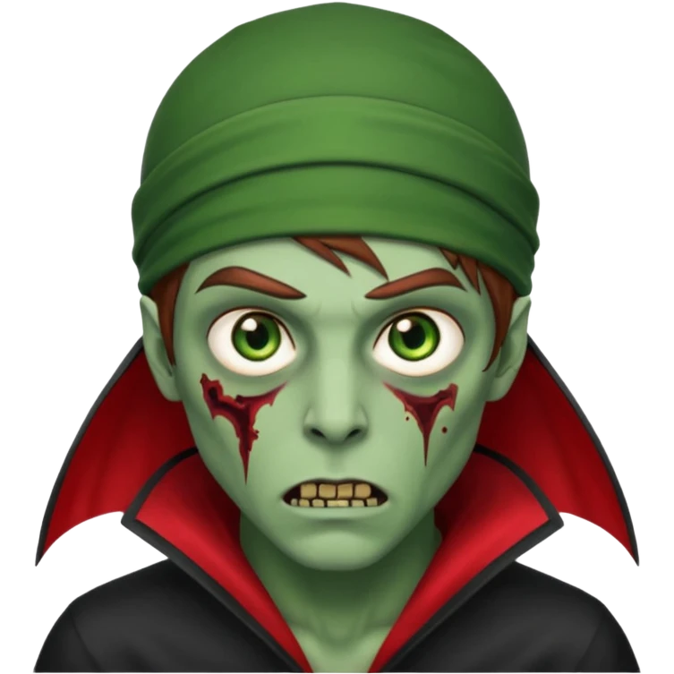 Red durag, men zombie with brown hair color and green eye color, with dark vampire clothes, green skin emoji
