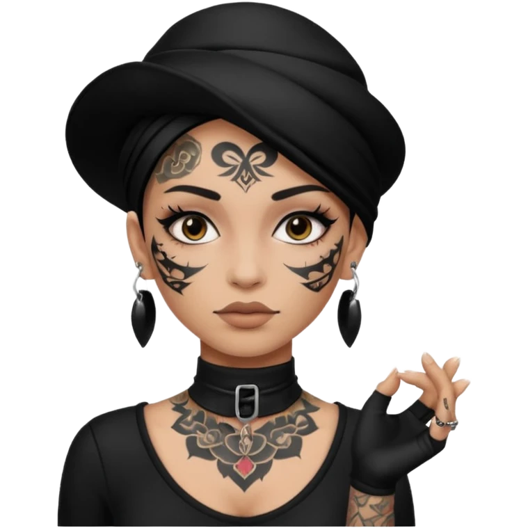 white shaman woman black clothes black accesories face tattoos emoji