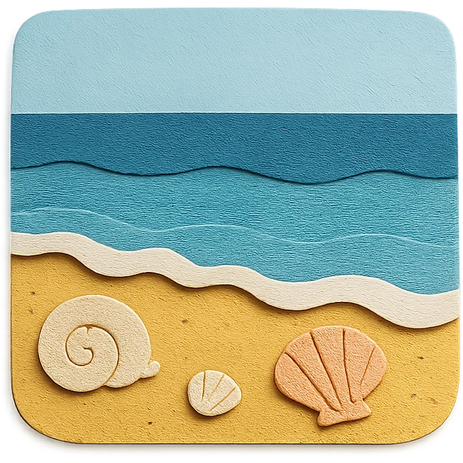 view of the ocean from the beach with sand, shells, and gentle waves in paper-craft style emoji