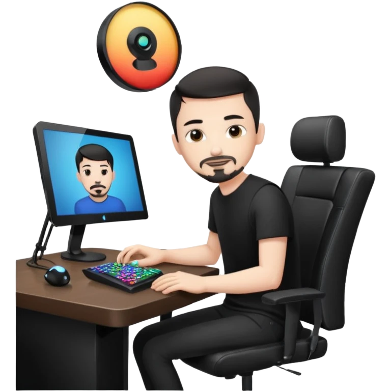 a setup of a youtuber, white skin, thin goatee, black short hair, with a desktop pc on a table, a gaming chair, microphone, white ring light emoji
