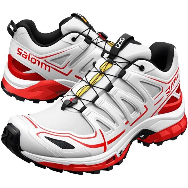 Ultra simplified white Salomon XT-6 shoes with just a red colored line across the middle, one behind the other, completely white design except for the colored center line emoji