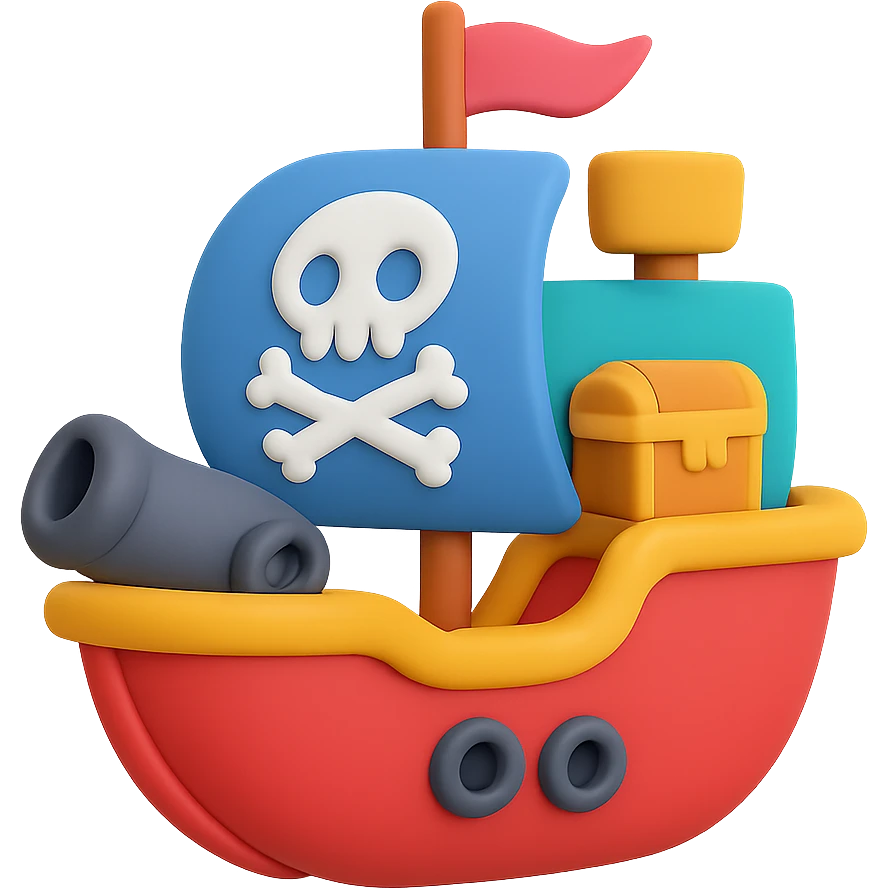 A colorful pirate ship with treasure chest and cannon emoji