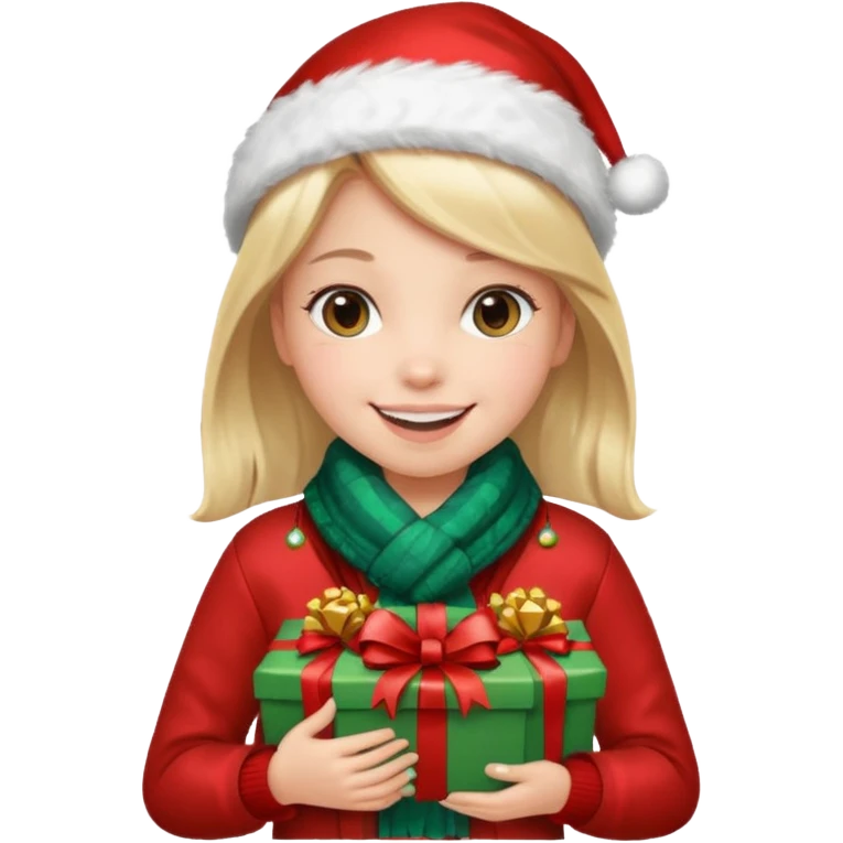 a girl wearing a chirstmas jacket and scarf and holding a christmas gift emoji