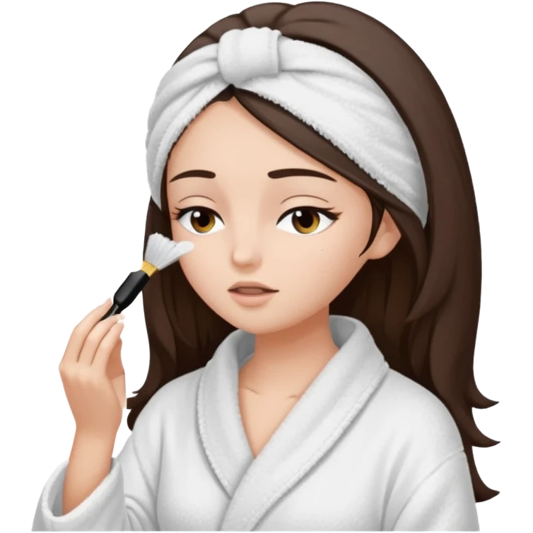 Girl with brown hair in white dressing gown and white towel wrapped in her head doing her mascara  Eyes closed white dark hair and towel wrapped differently doing mascara long hair  emoji