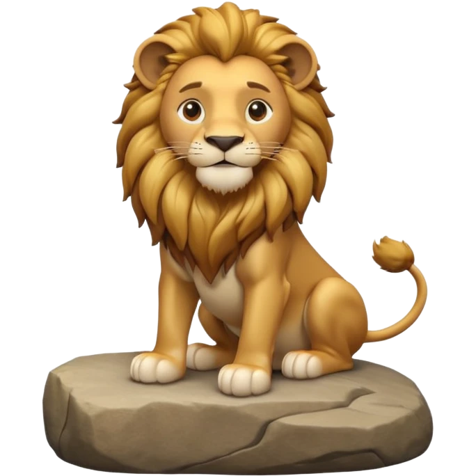 A 3D cartoon lion with a golden mane, sitting proudly on a rock, calm smile, smooth fur, bright warm sunlight, friendly but majestic look, Memoji-style. emoji