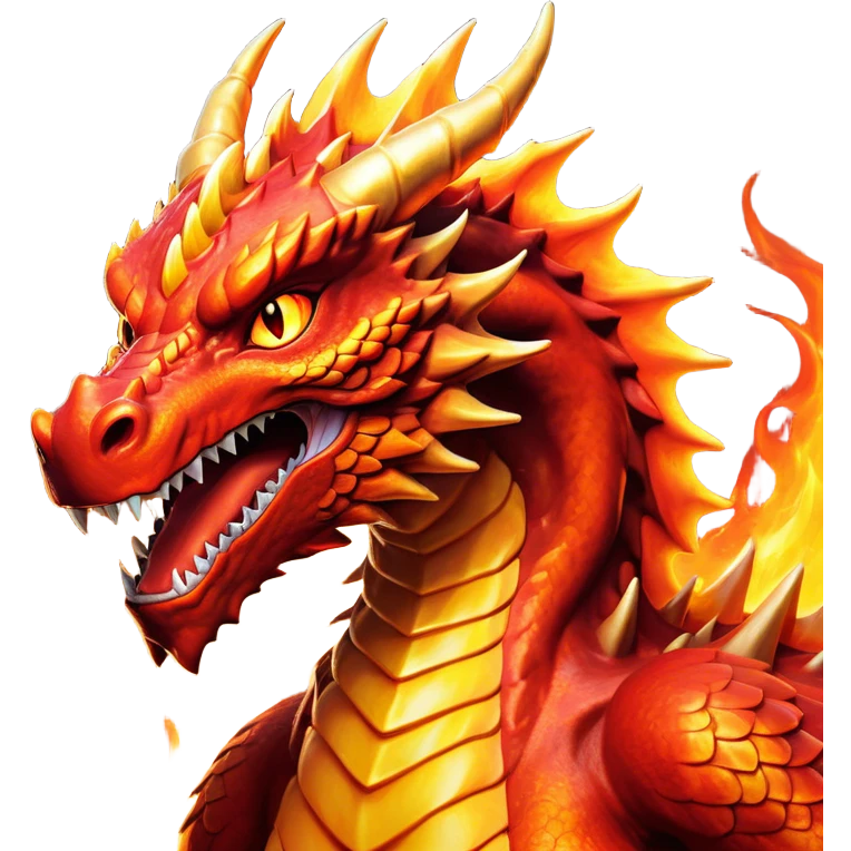 Cinematic Noble Fierce Fire Dragon Portrait Emoji, Poised and imposing, with a muscular, scaled body ablaze in fiery hues of crimson, molten orange, and molten gold, and intense, burning eyes that mirror the heart of a volcano; rendered with lifelike texture and dynamic natural highlights, high shine, formidable and intense, styled with an aura of scorching mythic power, focused and resolute, soft glowing outline, capturing the essence of a legendary inferno poised to ignite the screen with timeless ferocity! emoji