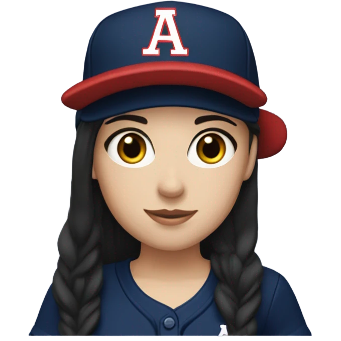 A  white girl with black long hair and wearing navy ballcap emblazoned with a red G initial and wearing baseball uniform emoji