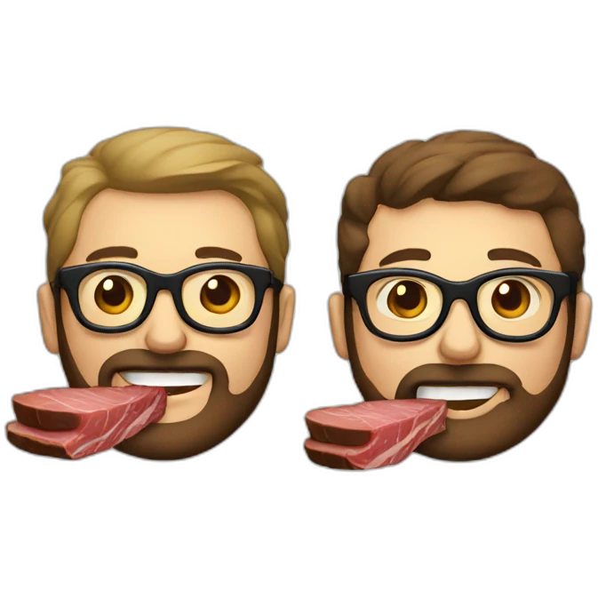 two males eating steaks both with glasses and one with beard emoji