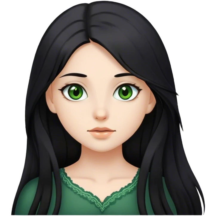 White girl with long black hair, with brown-green eyes  emoji
