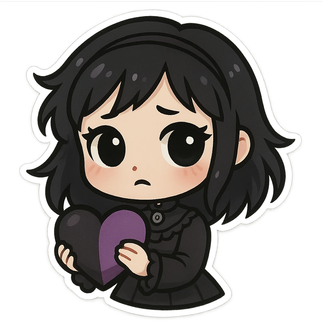 gothic chibi sticker, black and purple heart, cute and expressive, emoji style emoji