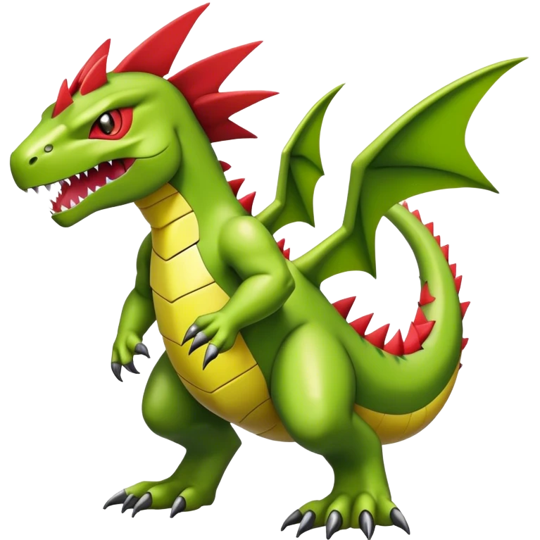 Cool edgy shiny Guilmon-Flygon-Tyranitar-Digimon-hybrid-fusion, yellow belly, full body emoji