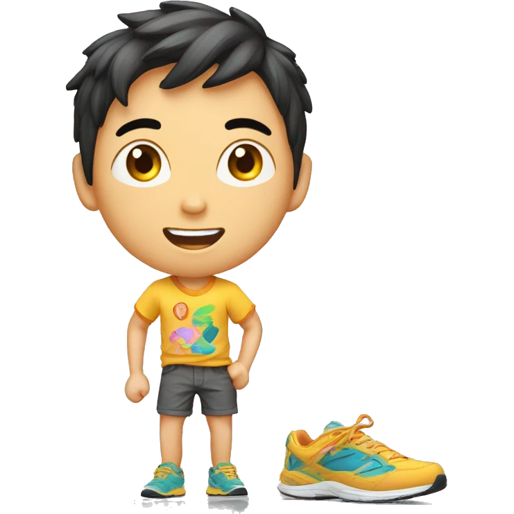 teen boy asian with short pants, shirt print with sarcasm, colorful running shoe emoji