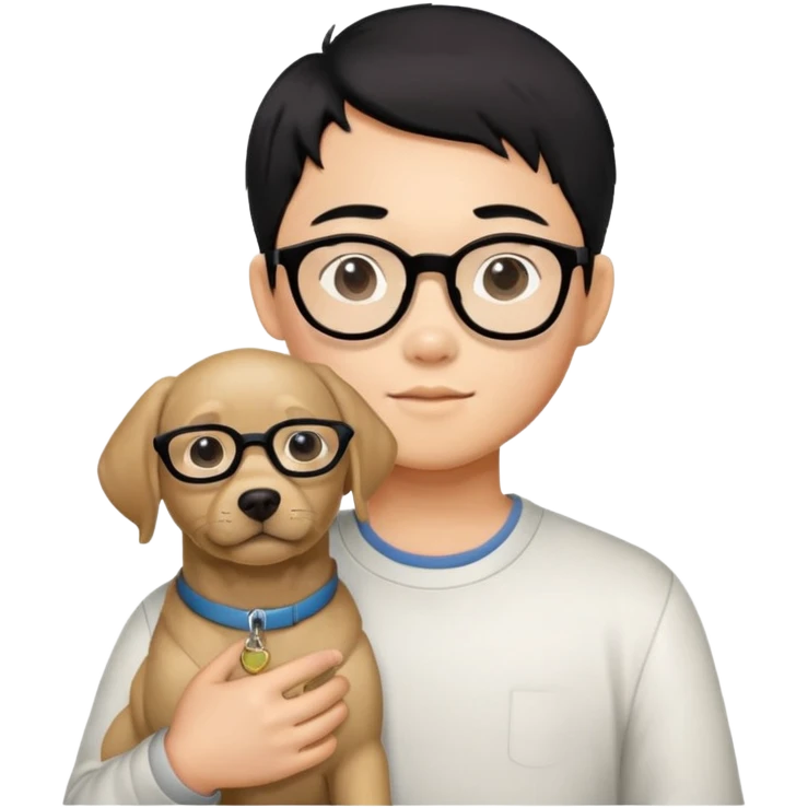 A Chinese black haired boy with black glasses holding one Labrador Retriever emoji