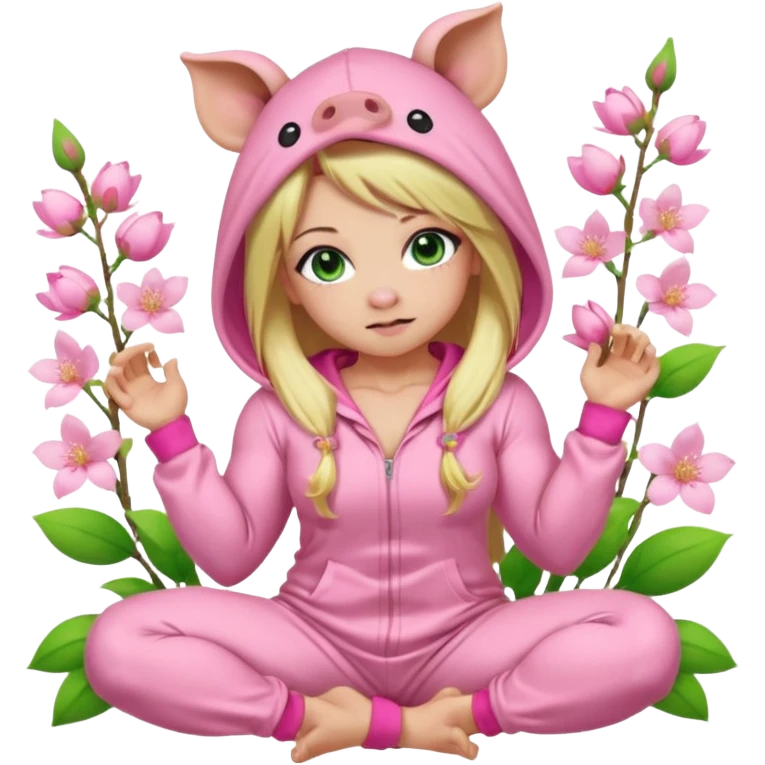 sexy and muscled, full body, in pink kegurumi pijamas, pig hood, sexy girl, long blond hair, beautiful green eyes, makeup, earrings, muscled, surrounded by pink flowers and sakura petals emoji