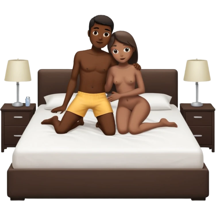 Skinny naked black man fucks naked white woman. Having sex on the bed. Action is showed in full height emoji