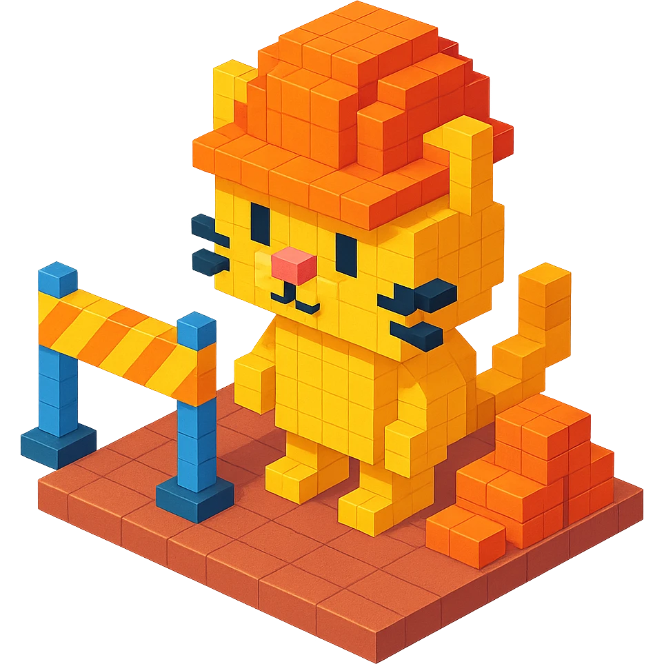 cat in orange safety helmet standing on a construction site in voxel style emoji