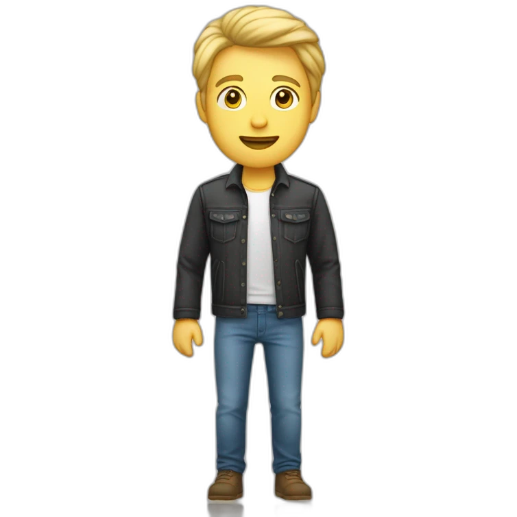 Een man met een rode jas aan met een graat gezicht en kort blond haar en een spijkerbroek aan emoji