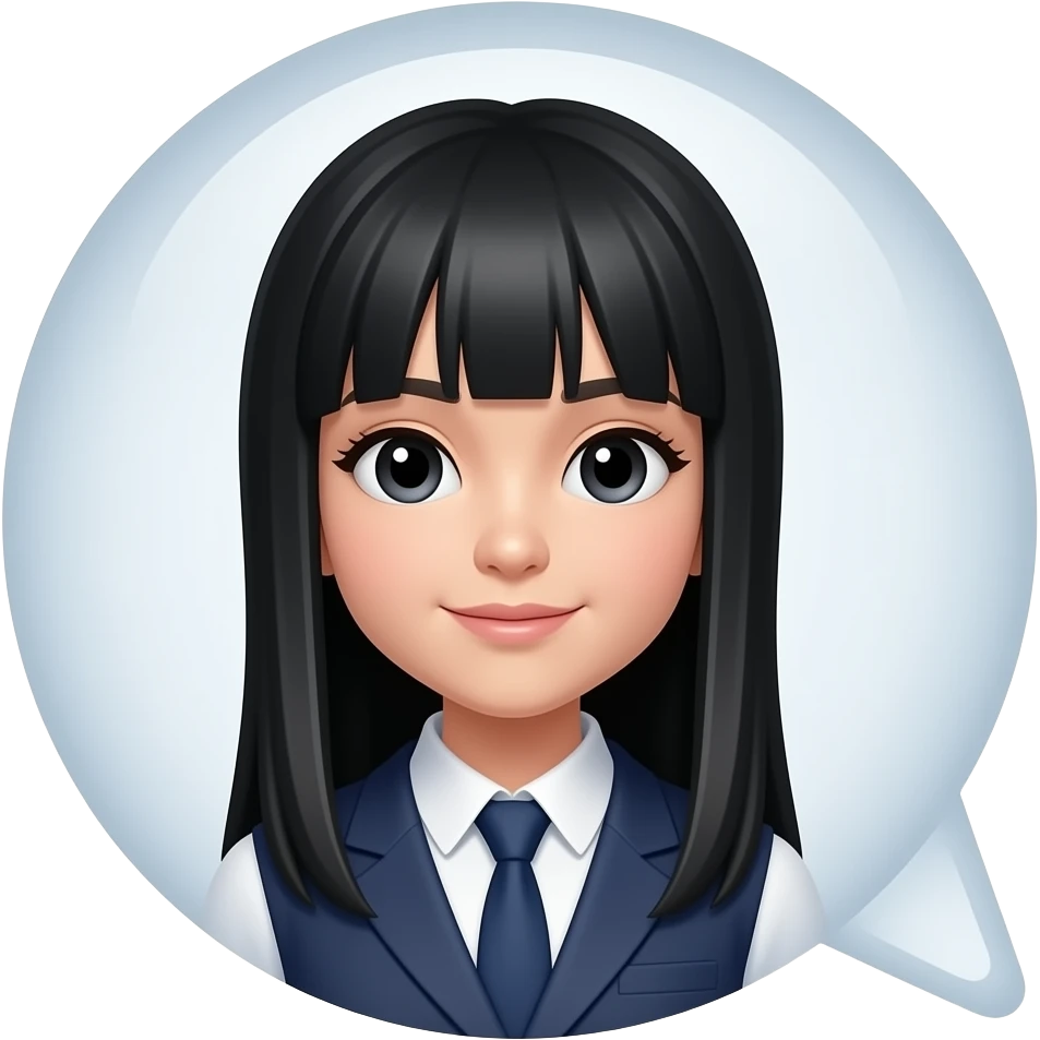 trendy schoolgirl with Asian skin, straight black long hair, and speach bubble emoji
