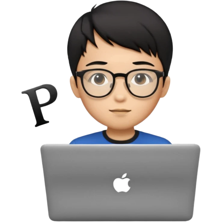 A young boy DEVELOPER WITH A laptop, black straight short hair, wearing glasses, he is asian

Add the letters "PIF" floating around him emoji