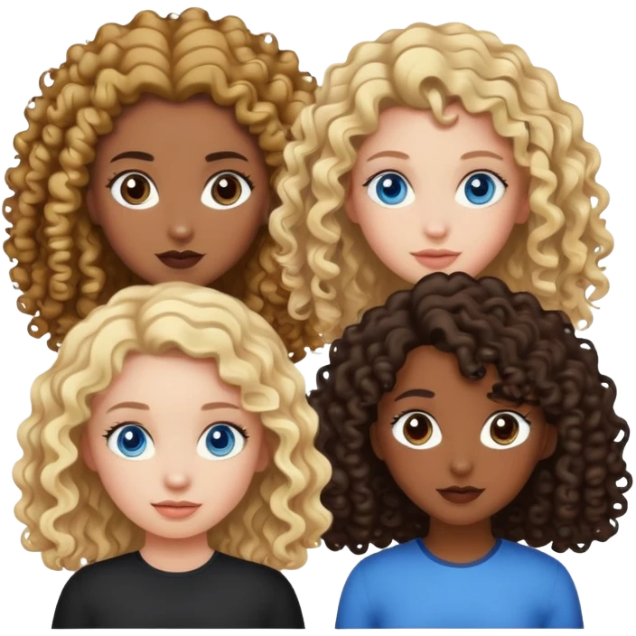 2 girls, one white girl with blonde curly hair and blue eyes and one mixed race girl with dark brown curly hair and very dark eyes. emoji