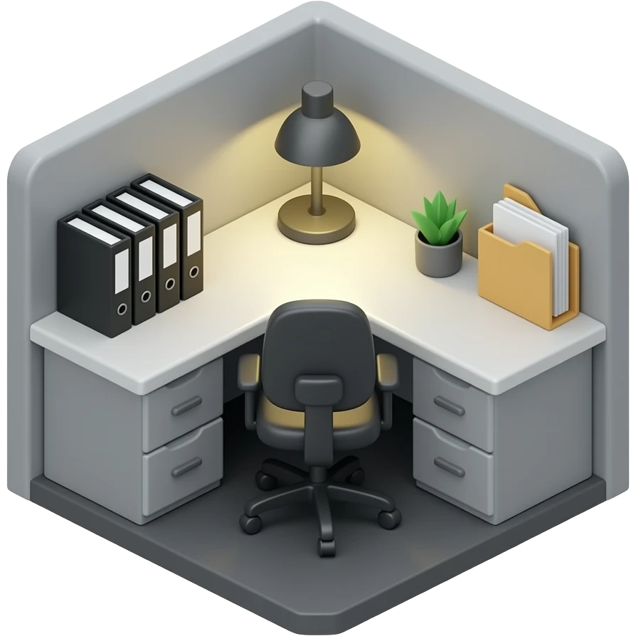 Apple-style 3D emoji icon, cubicle desk with file cabinets at 45° isometric angle, desk lamp on, office chair, clear workspace, other than 1 file, rounded shapes, soft gradients, iPhone emoji aesthetic, high-resolution PNG, grays and blacks and whites, no floor emoji