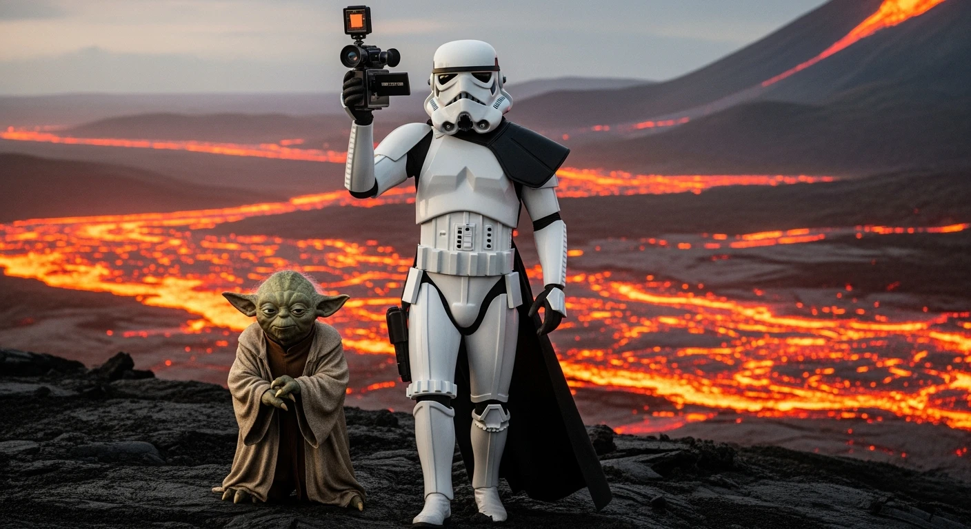 Cinematic still, Starwars stormtroopers vlogging holding camera, he is walking on lava planet with yoda emoji