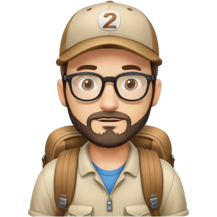 adventurer with backpack, small beard, glasses and backwards baseball cap emoji