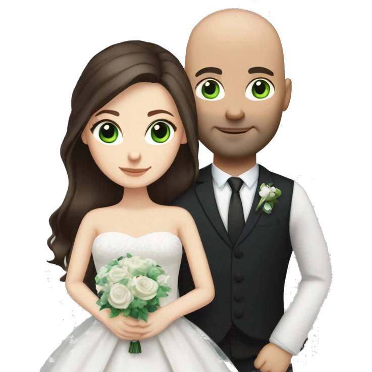 white girl with green eyes and long dark brown hair in wedding dress with bald husband with blue eyes emoji