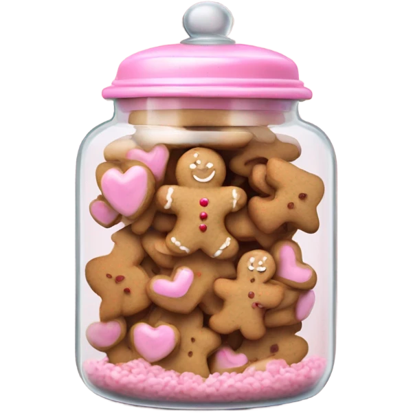 Realistic glass cookie jar with light pink lid full of gingerbread cookies isolated.  emoji