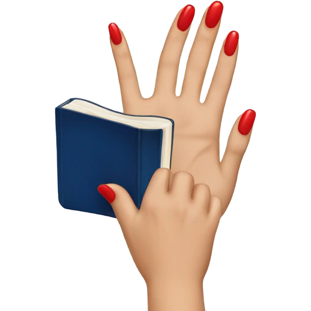 a hand with a red manicure holds a dark blue diary emoji