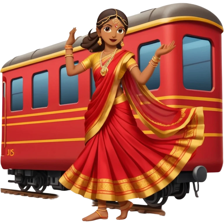 An Indian woman dancer dancing on top of a running train. emoji