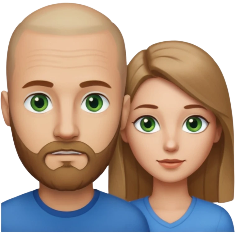Man on left with shaved head with dark blonde beard and blue eyes and woman on the right with long brown hair green eyes  emoji