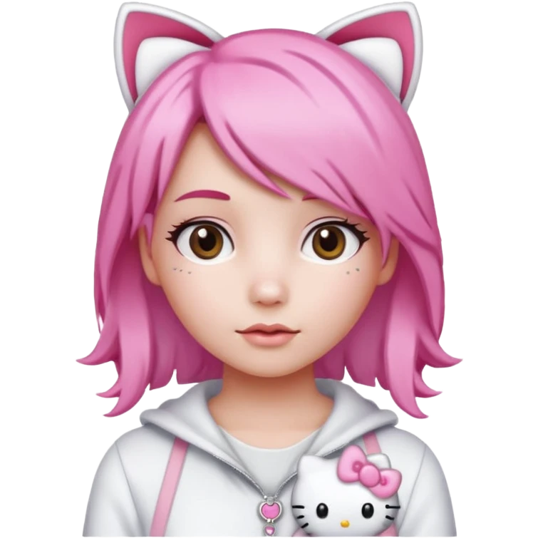 Female pink hair Wearing white and light pink clothing with hello kitty accessories emoji